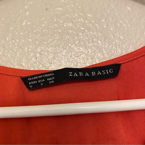 Zara Basic coral orange V-neck silky long sleeve blouse top elastic hemline-S - Picture 4 of 7
